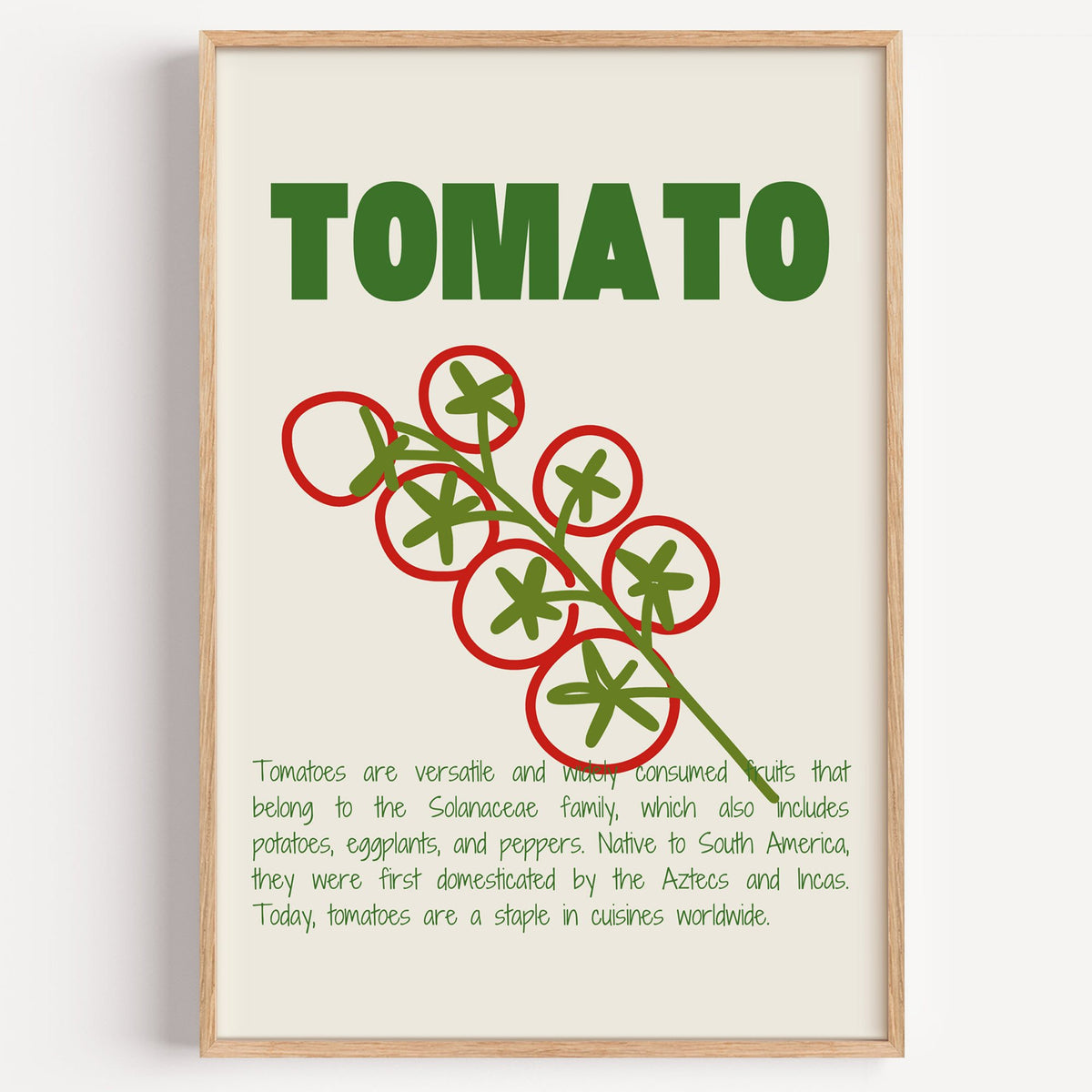 Tomato vine line art print in a light oak frame on a plain white wall