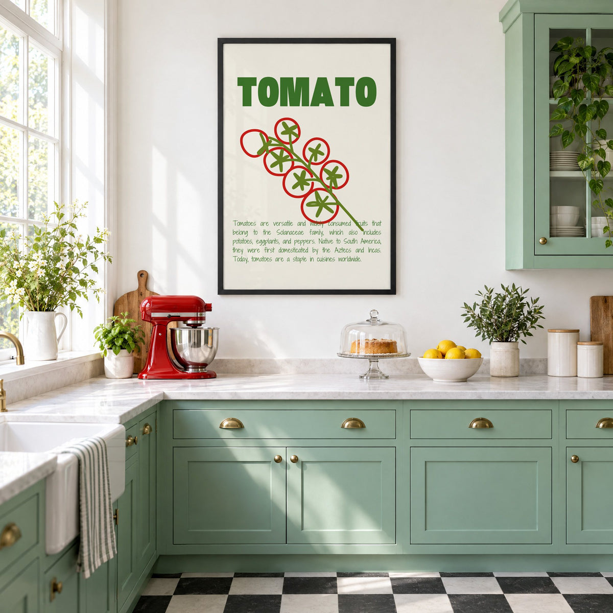 Tomato vine line art print in a black frame in a mint green retro kitchen above a red stand mixer