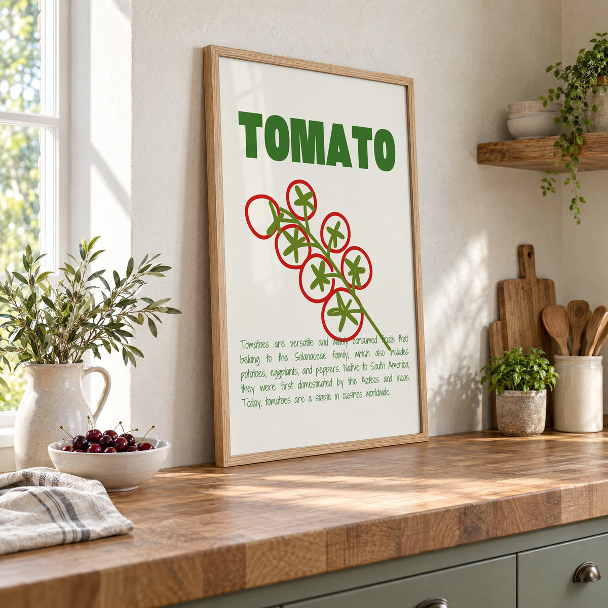 Tomato vine line art print in an oak frame leaning on a butcher block island beside a bowl of cherries