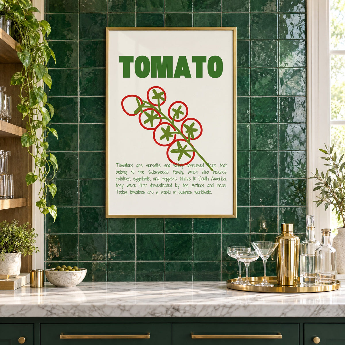 Tomato vine line art print in a brass frame on emerald green tiles above a home bar with coupe glasses