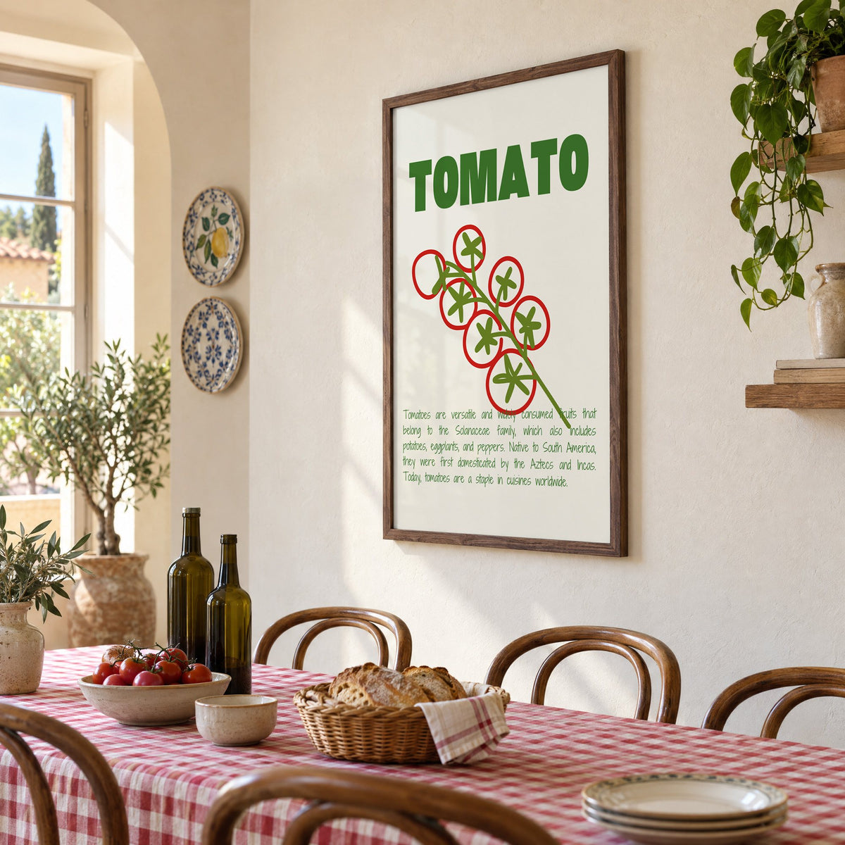 Tomato vine line art print in a walnut frame above a gingham-covered trattoria table, seen at an angle