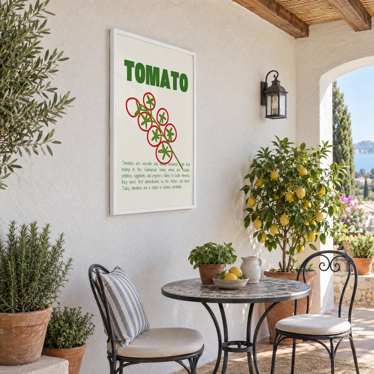 Tomato vine line art print in a white frame on a sunny patio wall beside a potted lemon tree