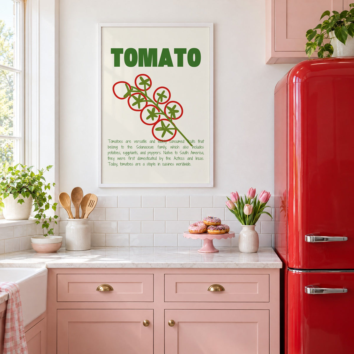 Tomato vine line art print in a white frame in a pink kitchen beside a red retro fridge