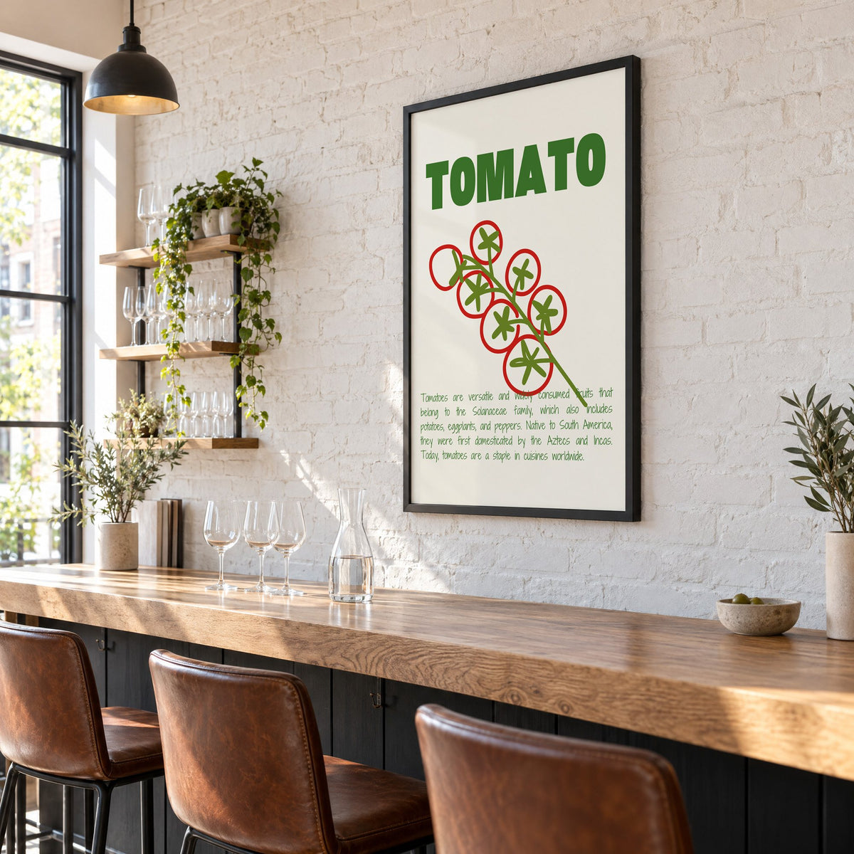 Tomato vine line art print in a black frame on a white brick wall above a wine bar counter