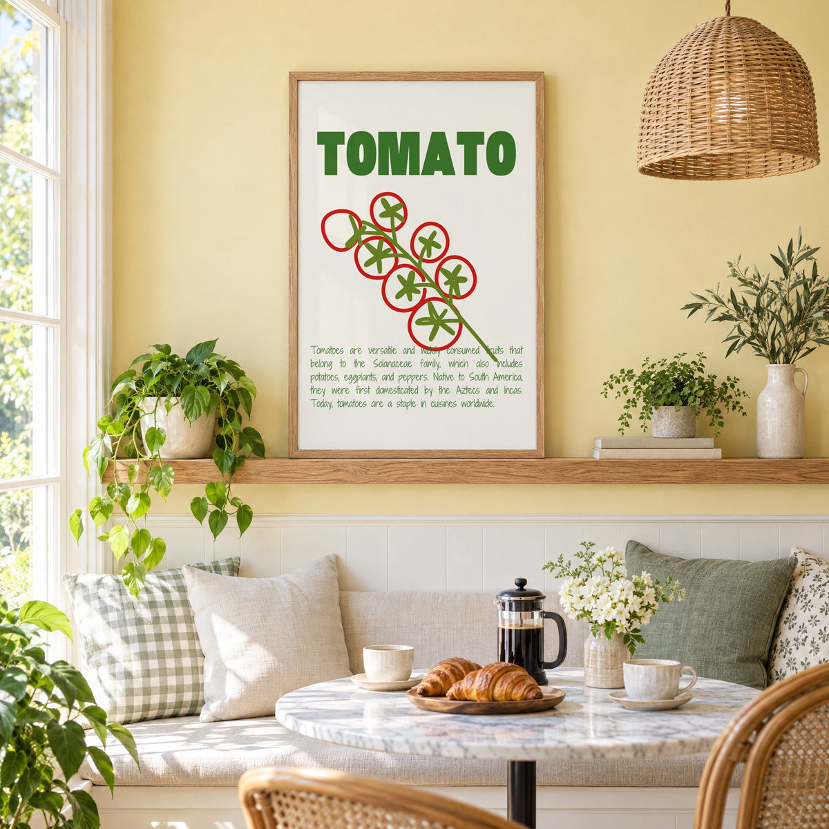 Tomato vine line art print in an oak frame on a picture ledge above a sunny breakfast nook