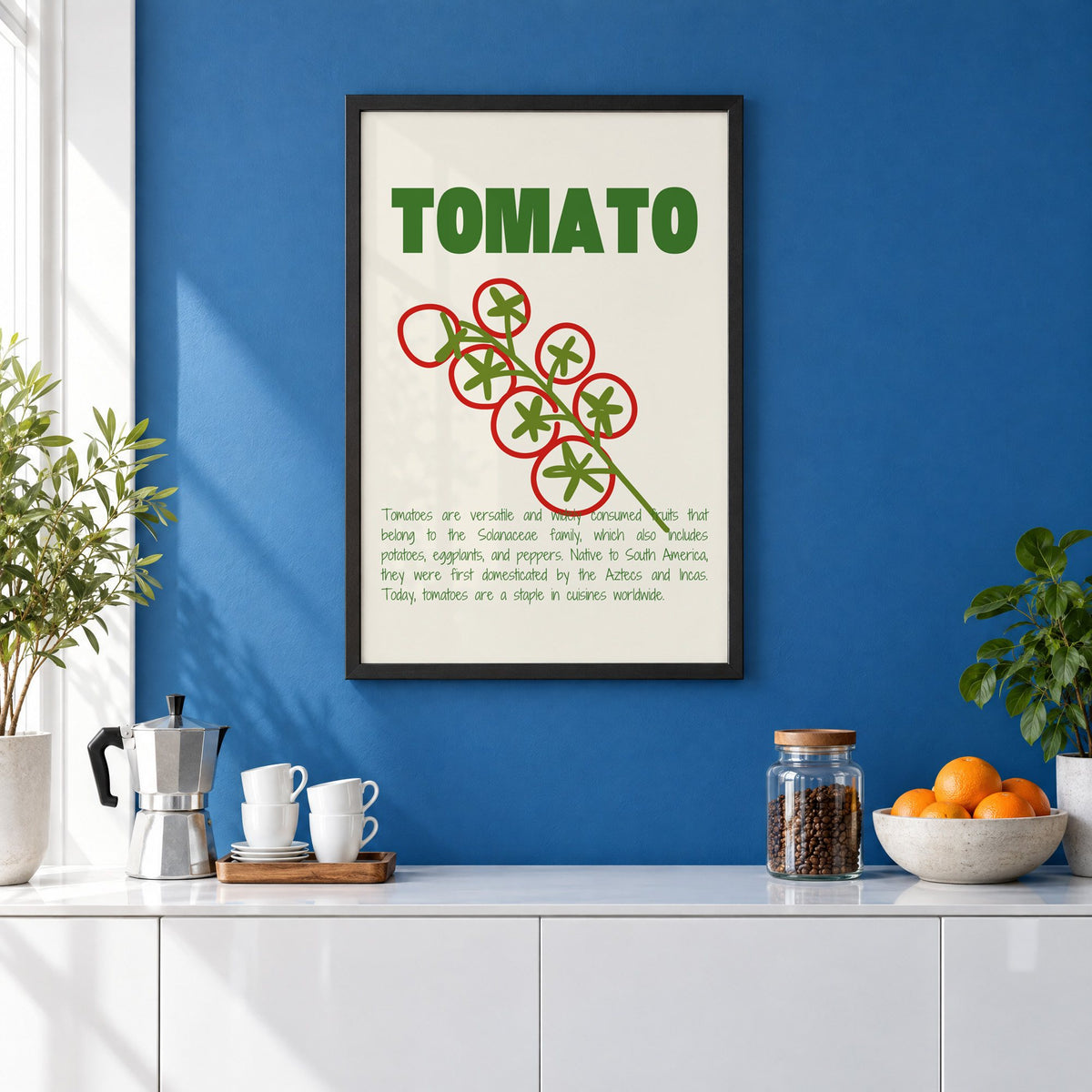 Tomato vine line art print in a black frame on a cobalt blue wall above a coffee station