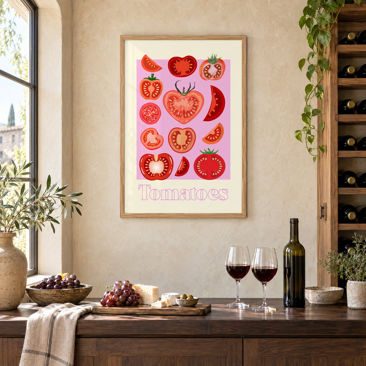 Tomatoes cross sections pink panel print in an oak frame on a limewashed wall above a wine counter with red wine, cheese and grapes