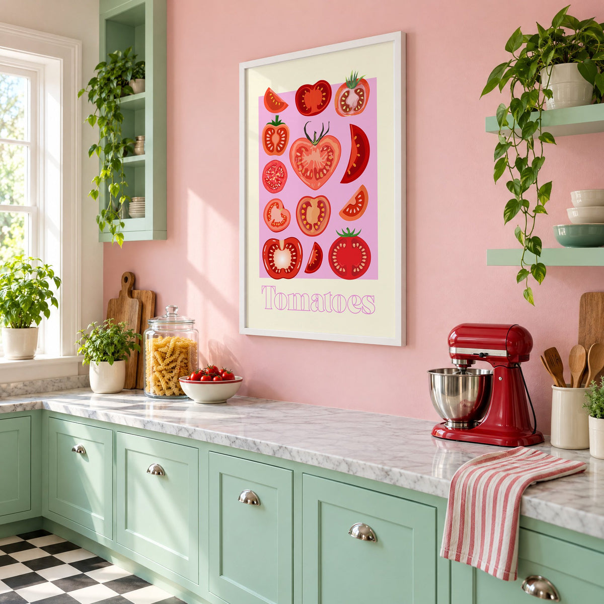 Tomatoes cross sections pink panel print in a white frame on a pink wall above mint green cabinets in a retro kitchen, seen at an angle