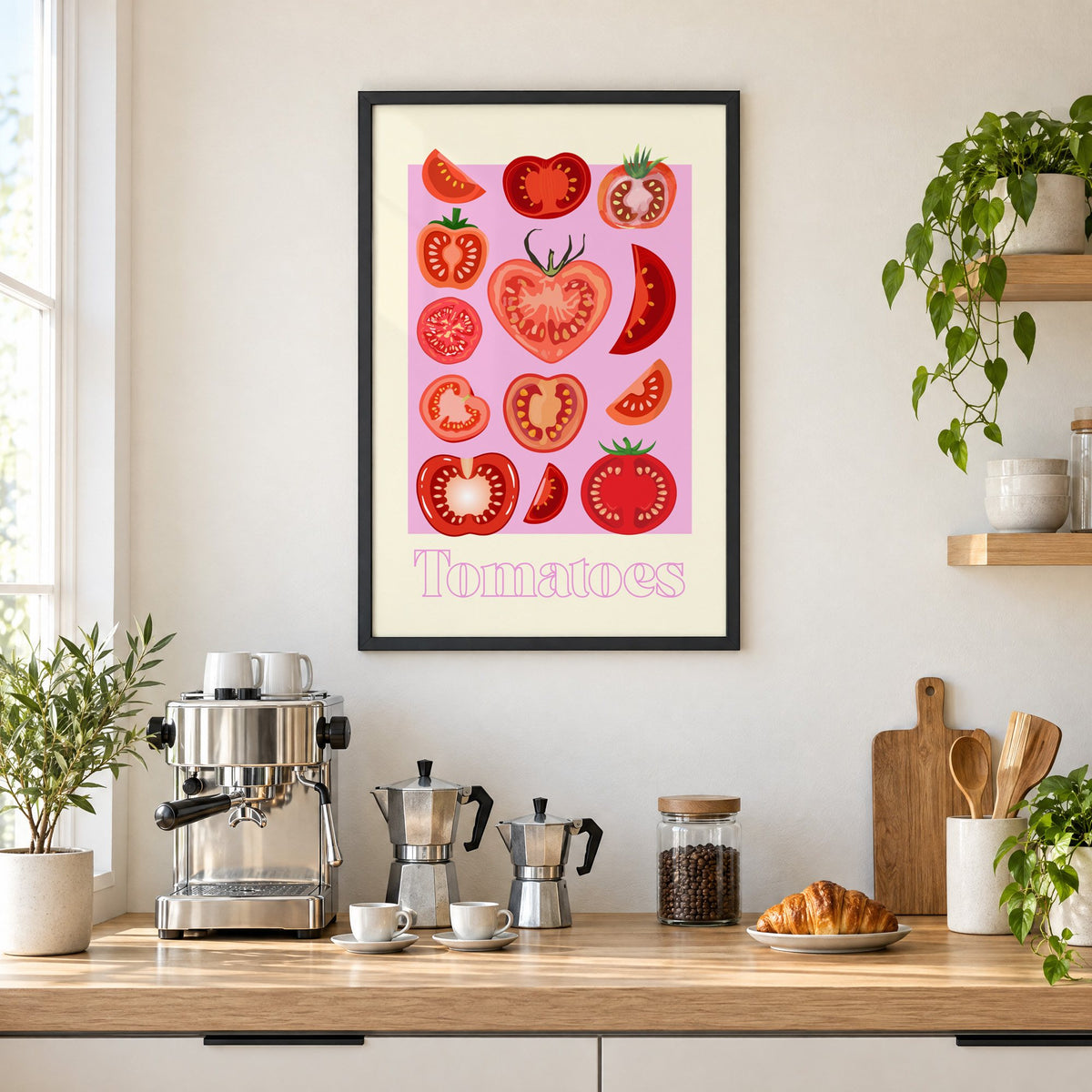Tomatoes cross sections pink panel print in a black frame above a home espresso bar with moka pots and espresso cups