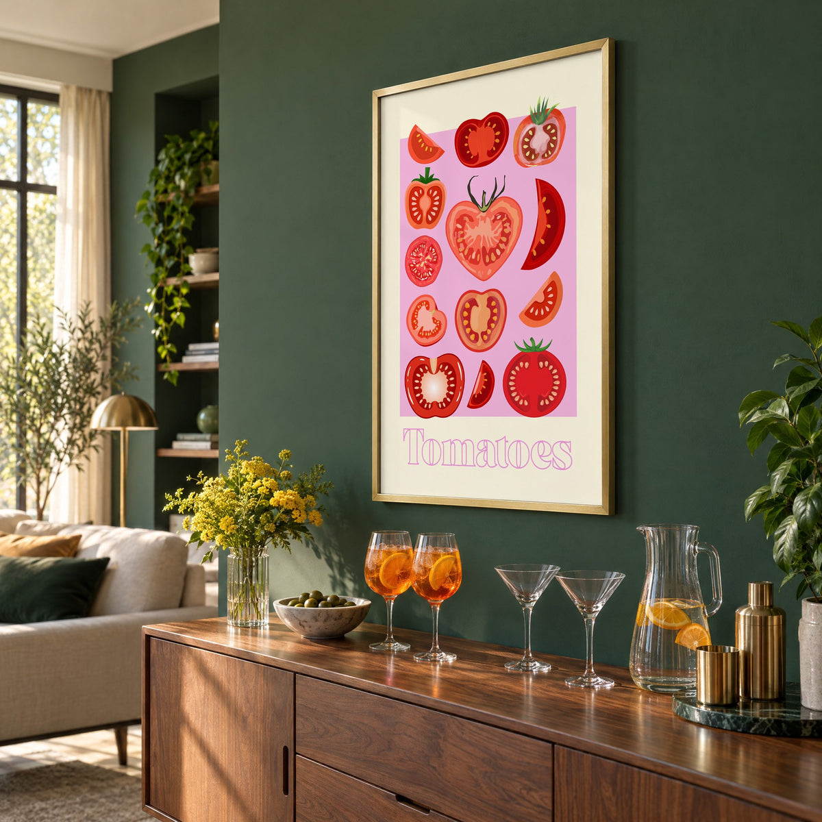 Tomatoes cross sections pink panel print in a brass frame on a bottle green wall above a sideboard with spritz and martini glasses, seen at an angle