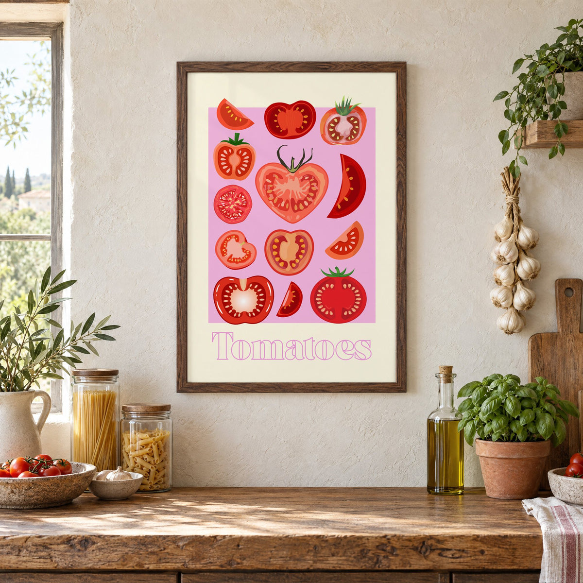 Tomatoes cross sections pink panel print in a walnut frame above a rustic Italian pantry counter with pasta jars, garlic and tomatoes