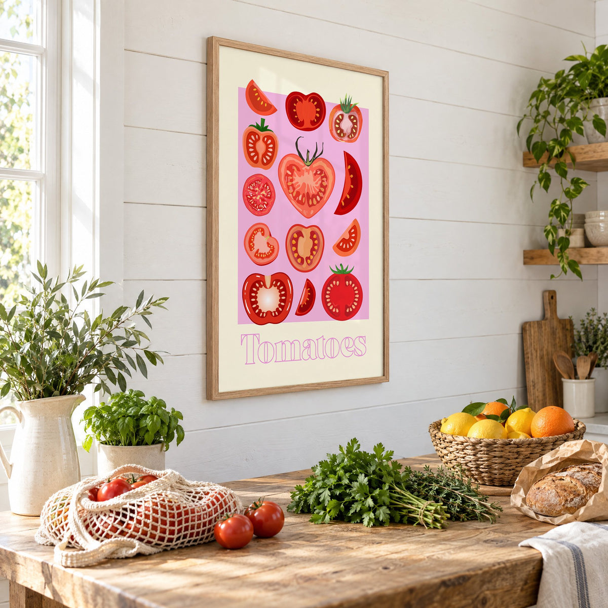Tomatoes cross sections pink panel print in an oak frame on a shiplap wall above a farm table with market tomatoes and citrus, seen at an angle