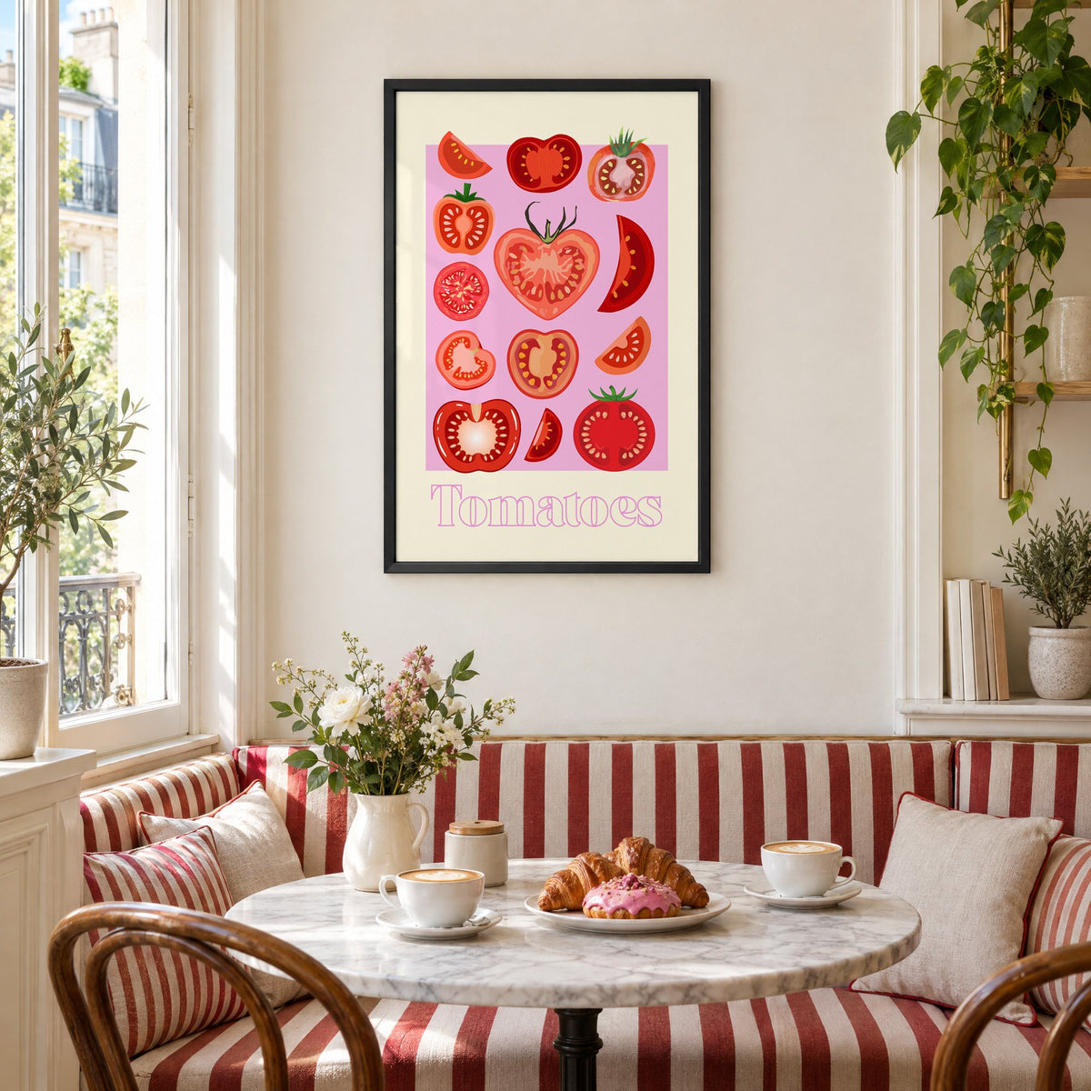 Tomatoes cross sections pink panel print in a black frame above a striped cafe breakfast nook with cappuccino and pastries