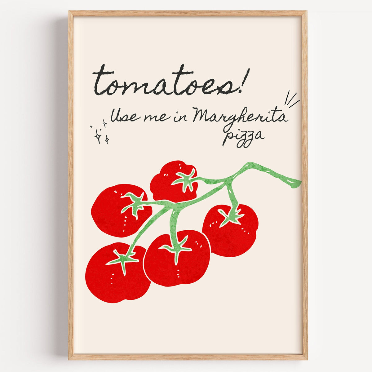 Tomatoes on the vine margherita print in a light oak frame on a plain white wall