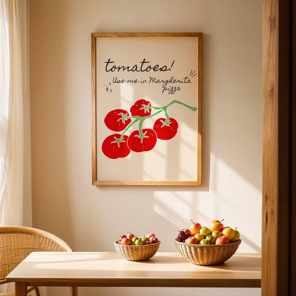 Tomatoes on the vine margherita print in an oak frame above a light wood dining table with baskets of fruit