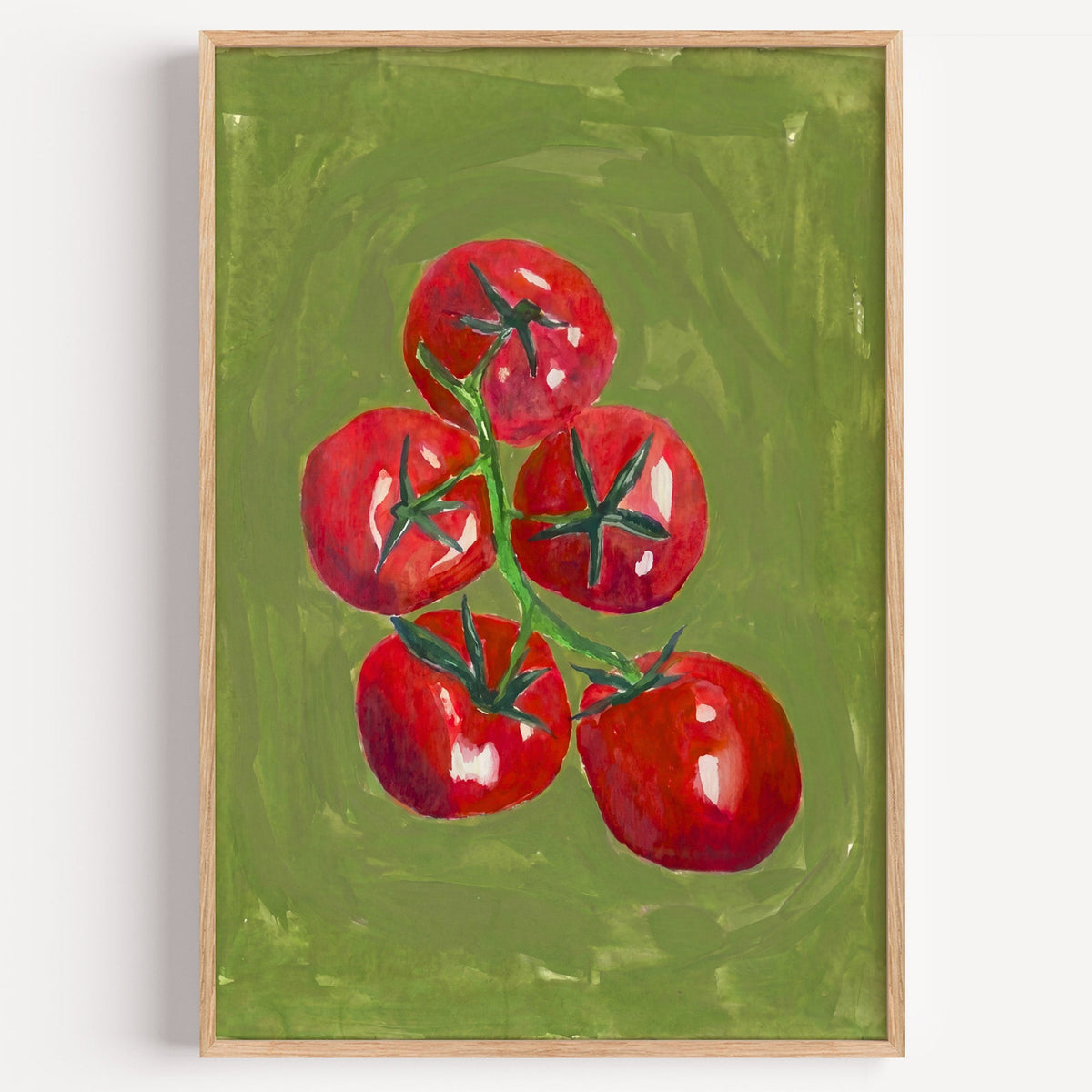 Tomatoes on the vine print in a light oak frame on a plain white wall