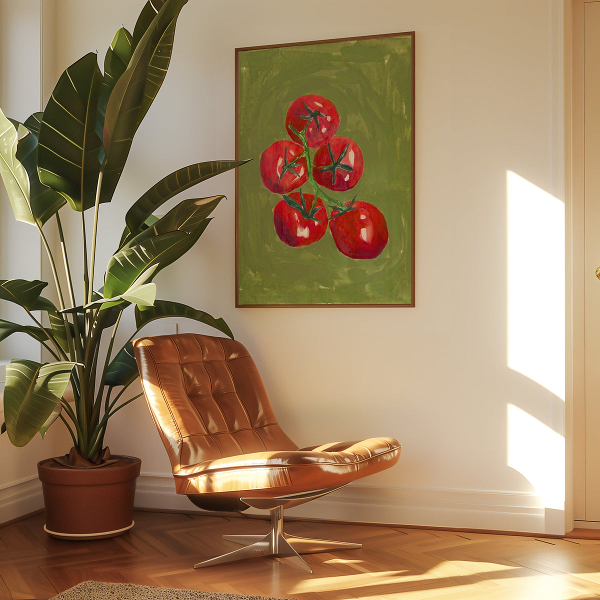 Farmers market tomato print in a slim walnut frame above a tan leather lounge chair