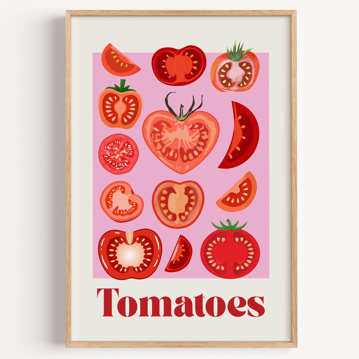 Tomatoes bold serif pink panel tomato chart print in a light oak frame on a plain white wall