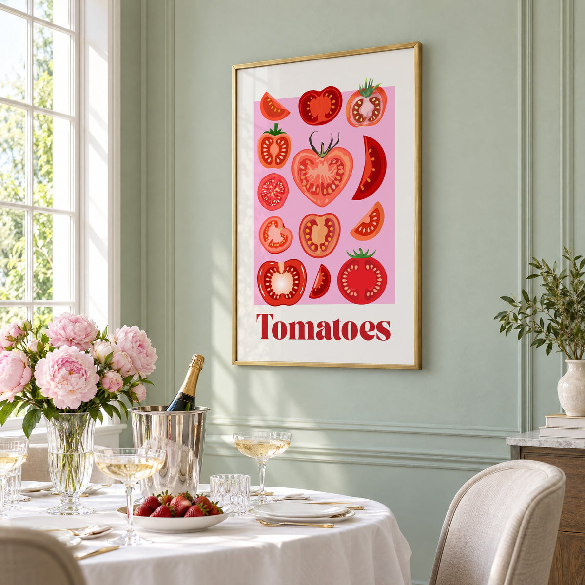 Tomatoes bold serif pink panel tomato chart print in a brass frame on a sage wall above a brunch table with champagne and peonies, seen at an angle