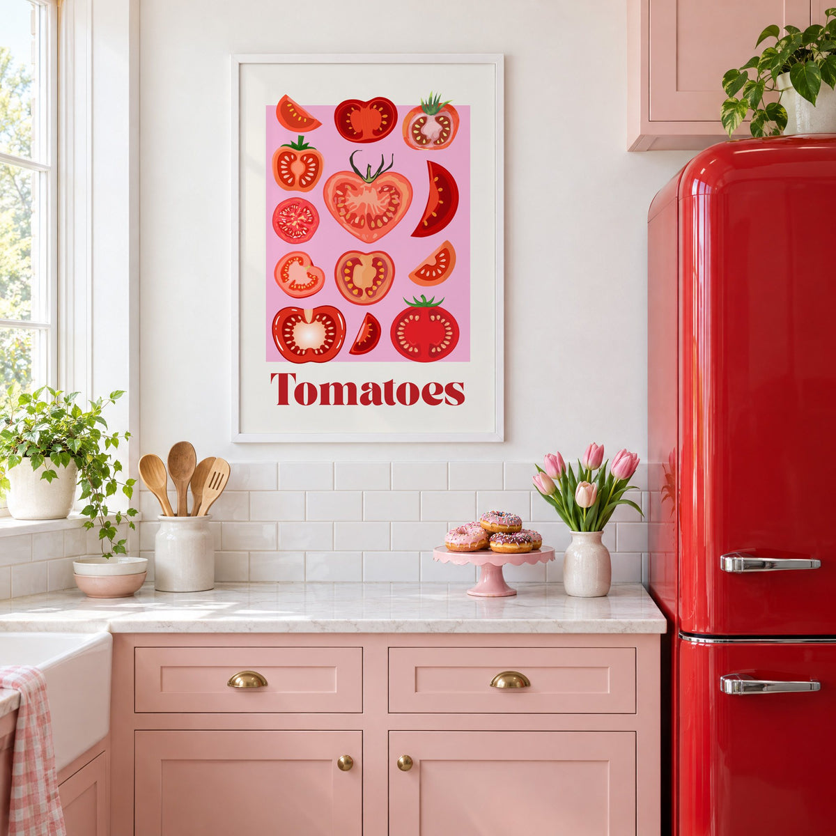 Tomatoes bold serif pink panel tomato chart print in a white frame above pink cabinets beside a red retro fridge