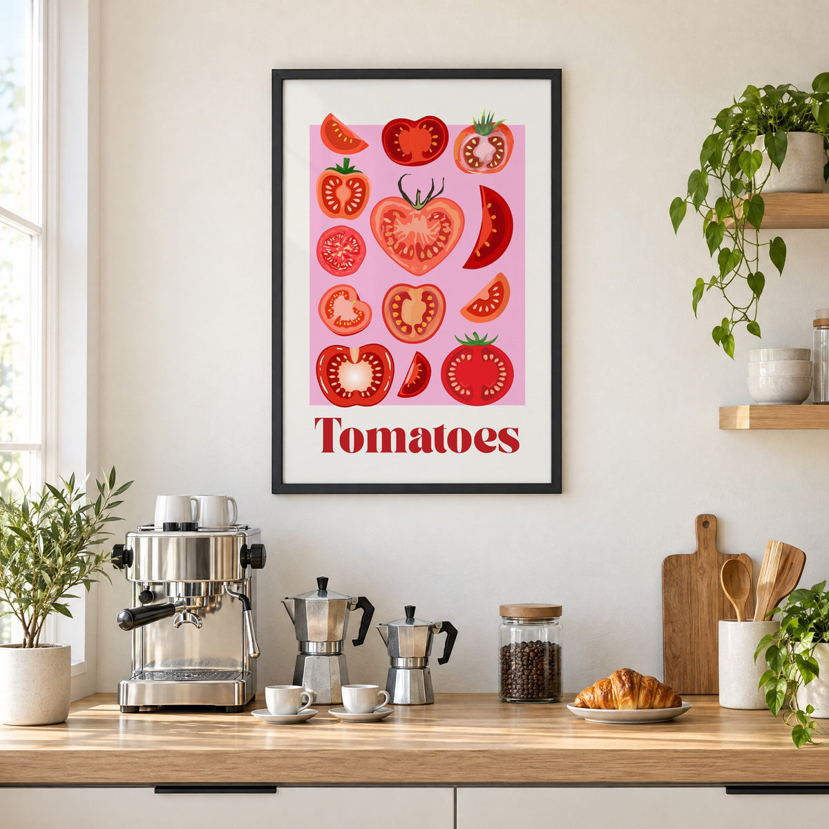 Tomatoes bold serif pink panel tomato chart print in a black frame above a home espresso bar with moka pots and espresso cups