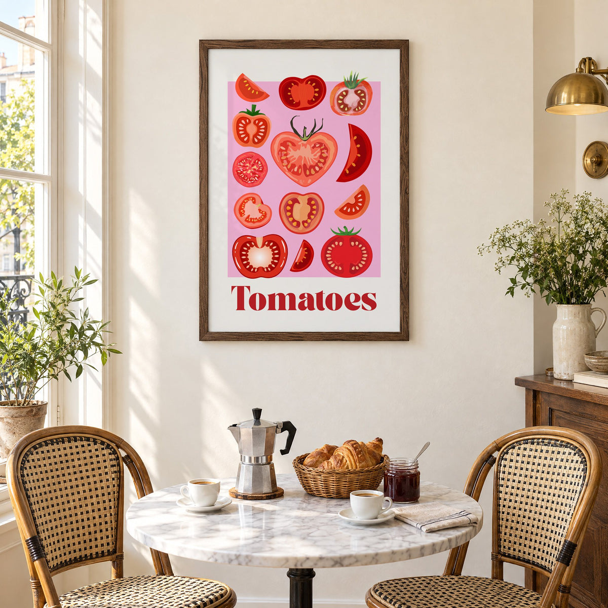 Tomatoes bold serif pink panel tomato chart print in a walnut frame above a marble bistro table with croissants and rattan chairs