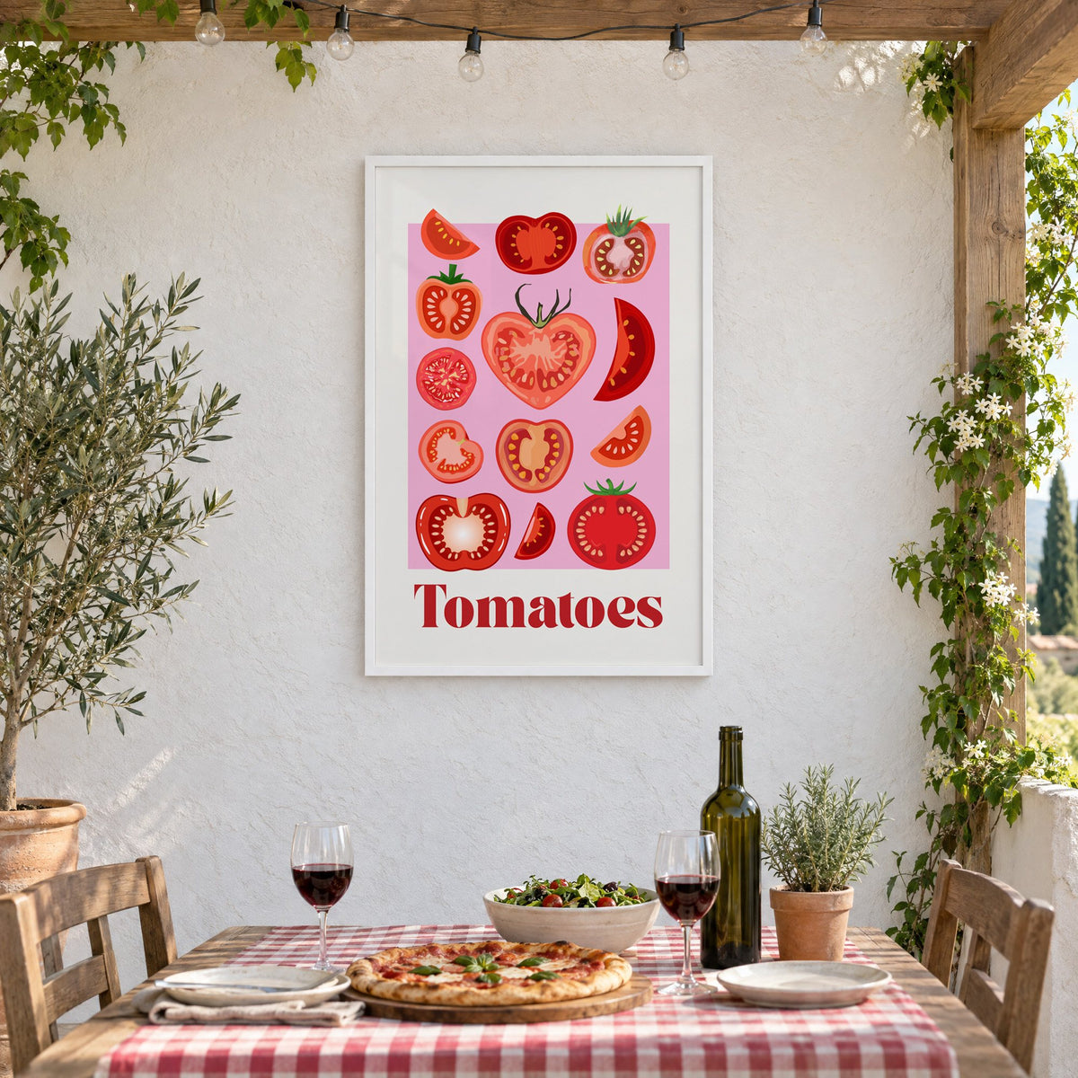 Tomatoes bold serif pink panel tomato chart print in a white frame on a stucco wall above a checked-cloth table with pizza and red wine