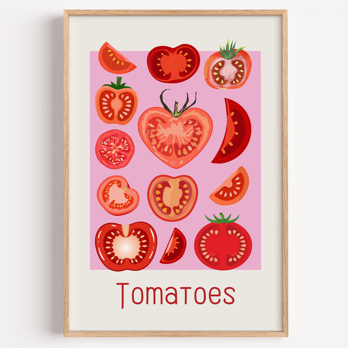 Tomatoes thin lettering pink panel tomato chart print in a light oak frame on a plain white wall