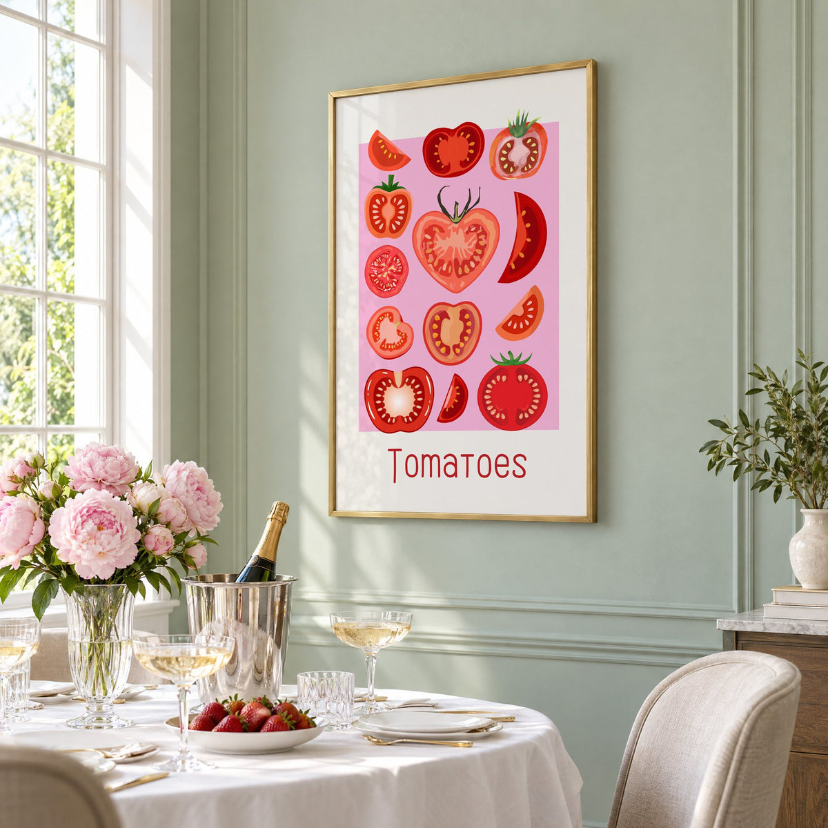 Tomatoes thin lettering pink panel tomato chart print in a brass frame on a sage wall above a brunch table with champagne and peonies, seen at an angle