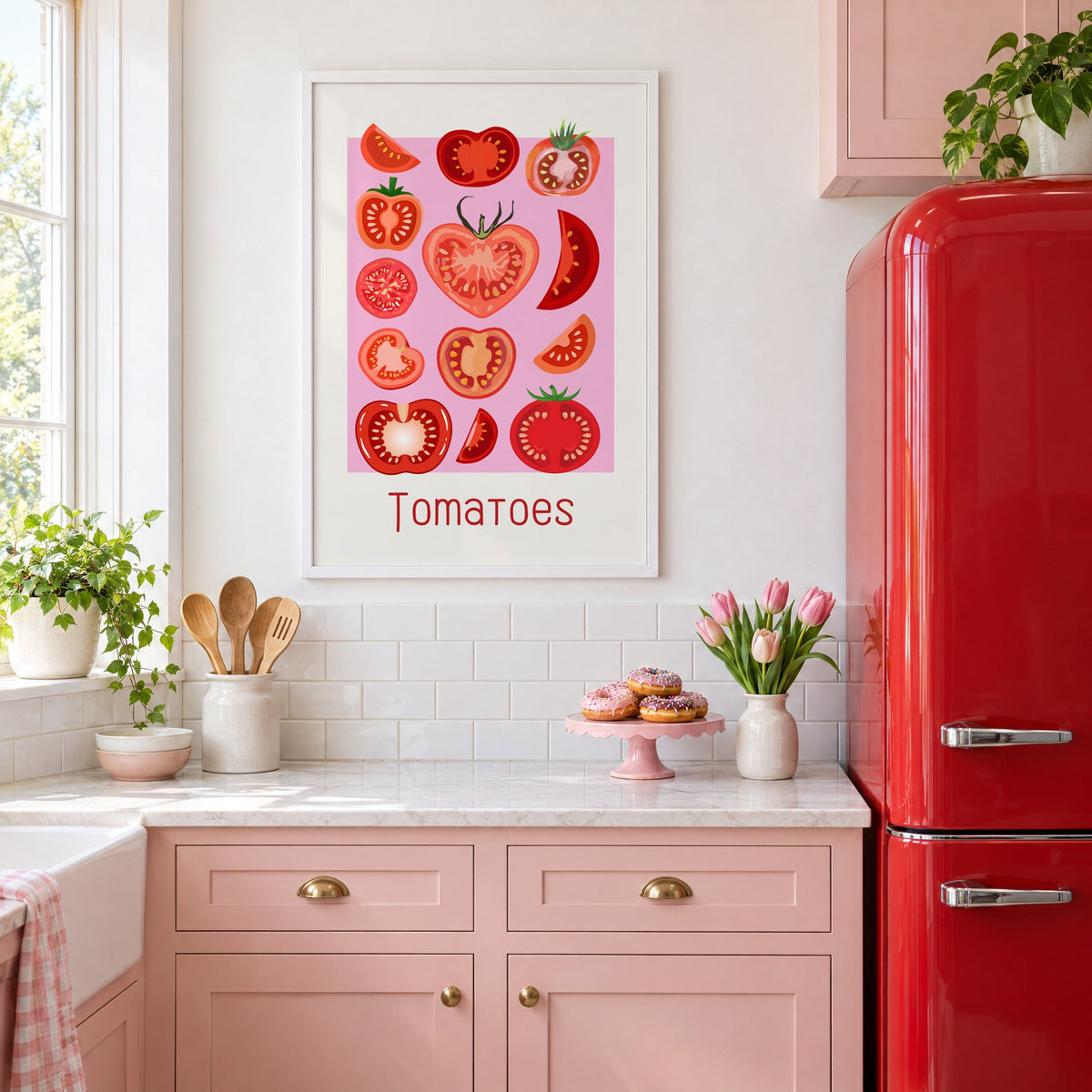 Tomatoes thin lettering pink panel tomato chart print in a white frame above pink cabinets beside a red retro fridge