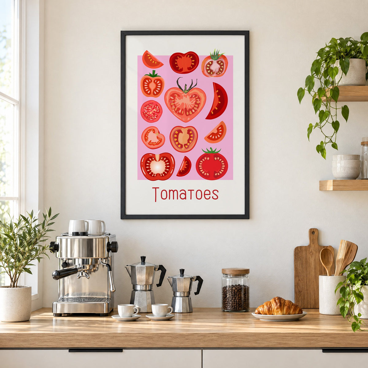 Tomatoes thin lettering pink panel tomato chart print in a black frame above a home espresso bar with moka pots and espresso cups