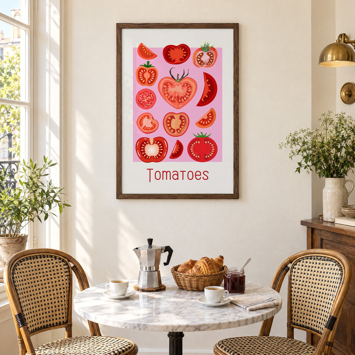 Tomatoes thin lettering pink panel tomato chart print in a walnut frame above a marble bistro table with croissants and rattan chairs