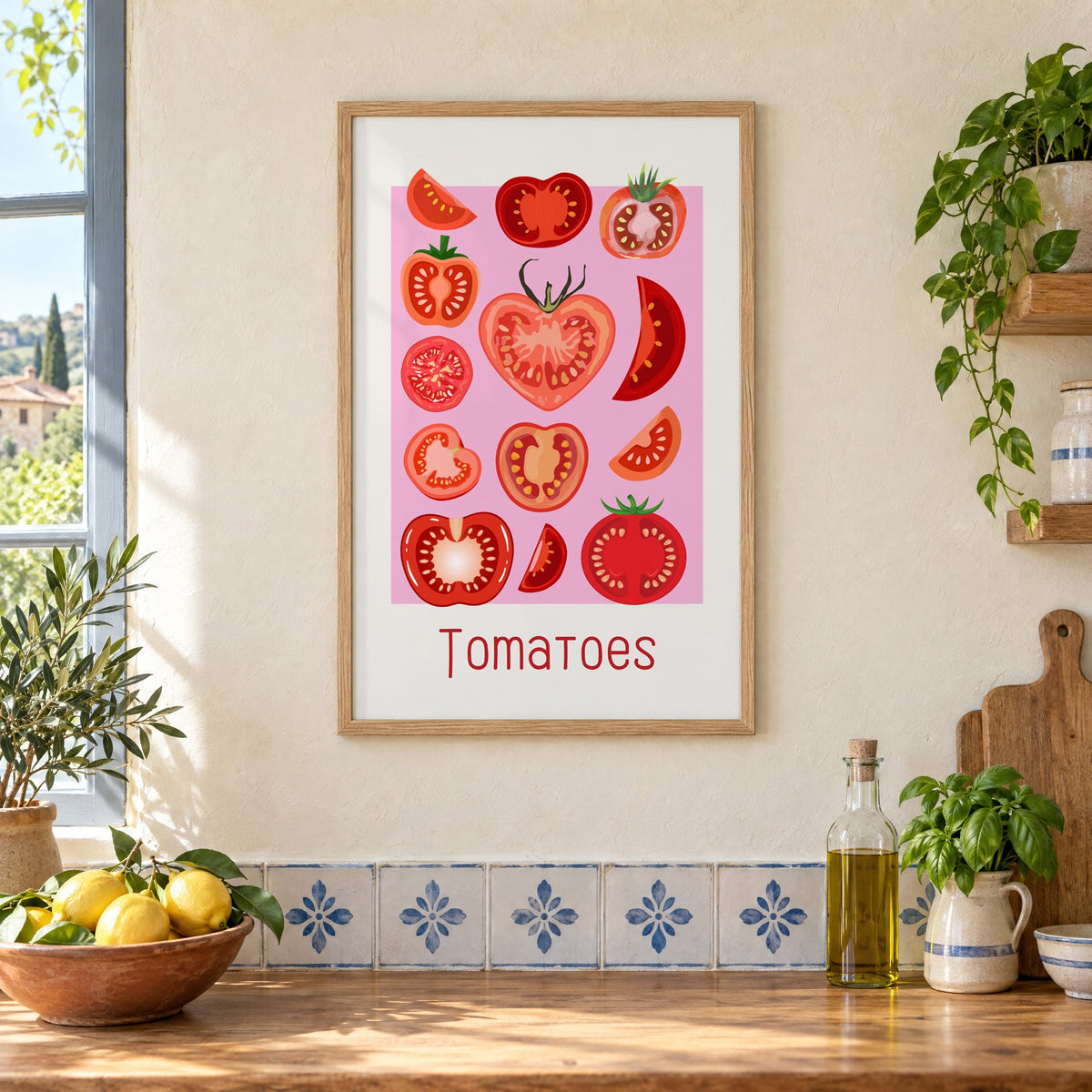 Tomatoes thin lettering pink panel tomato chart print in an oak frame on a cream plaster wall above a worktop with a bowl of lemons and blue-and-white tiles