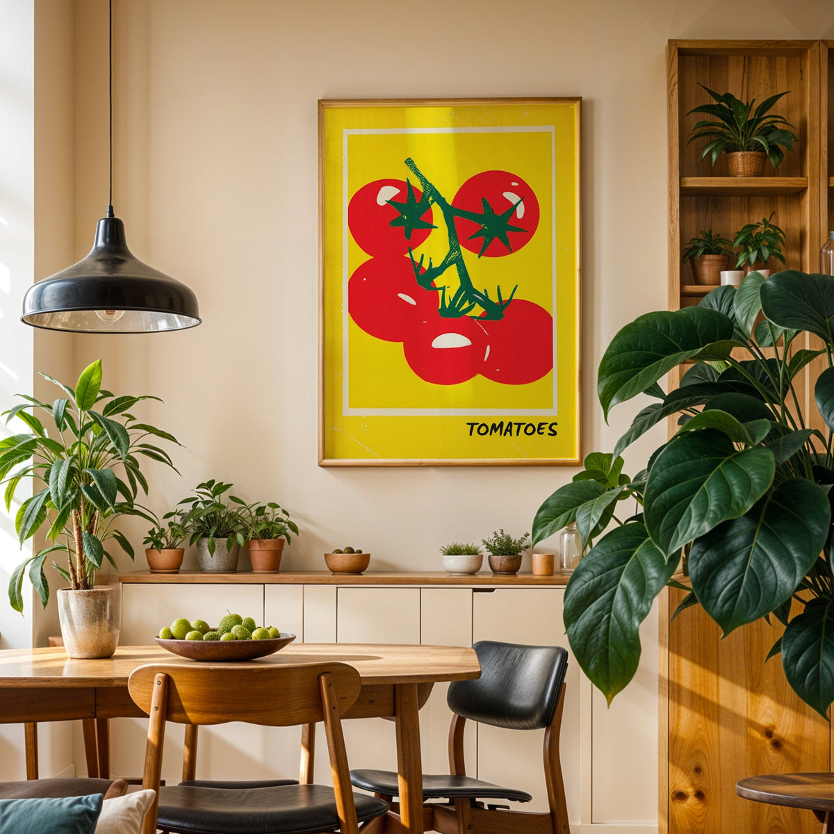Tomatoes print in an oak frame in a dining room above a plant-lined sideboard