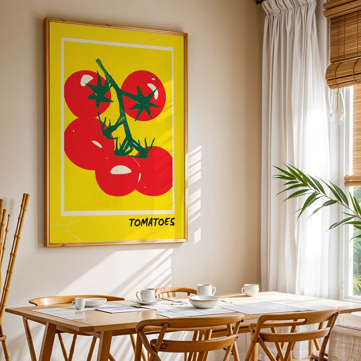 Tomatoes print shown in a gold frame above a breakfast table by a curtained window