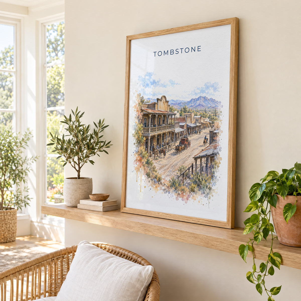 Tombstone, Arizona watercolor print in an oak frame on a picture ledge in a sunlit sunroom