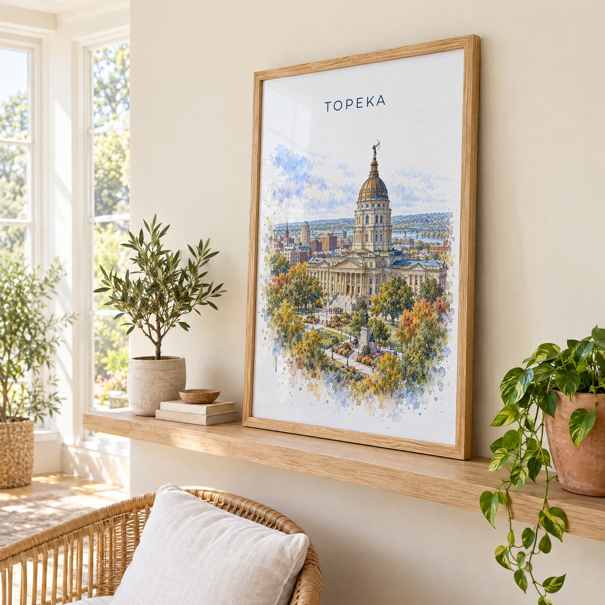 Topeka watercolor print in an oak frame on a picture ledge in a sunlit sunroom