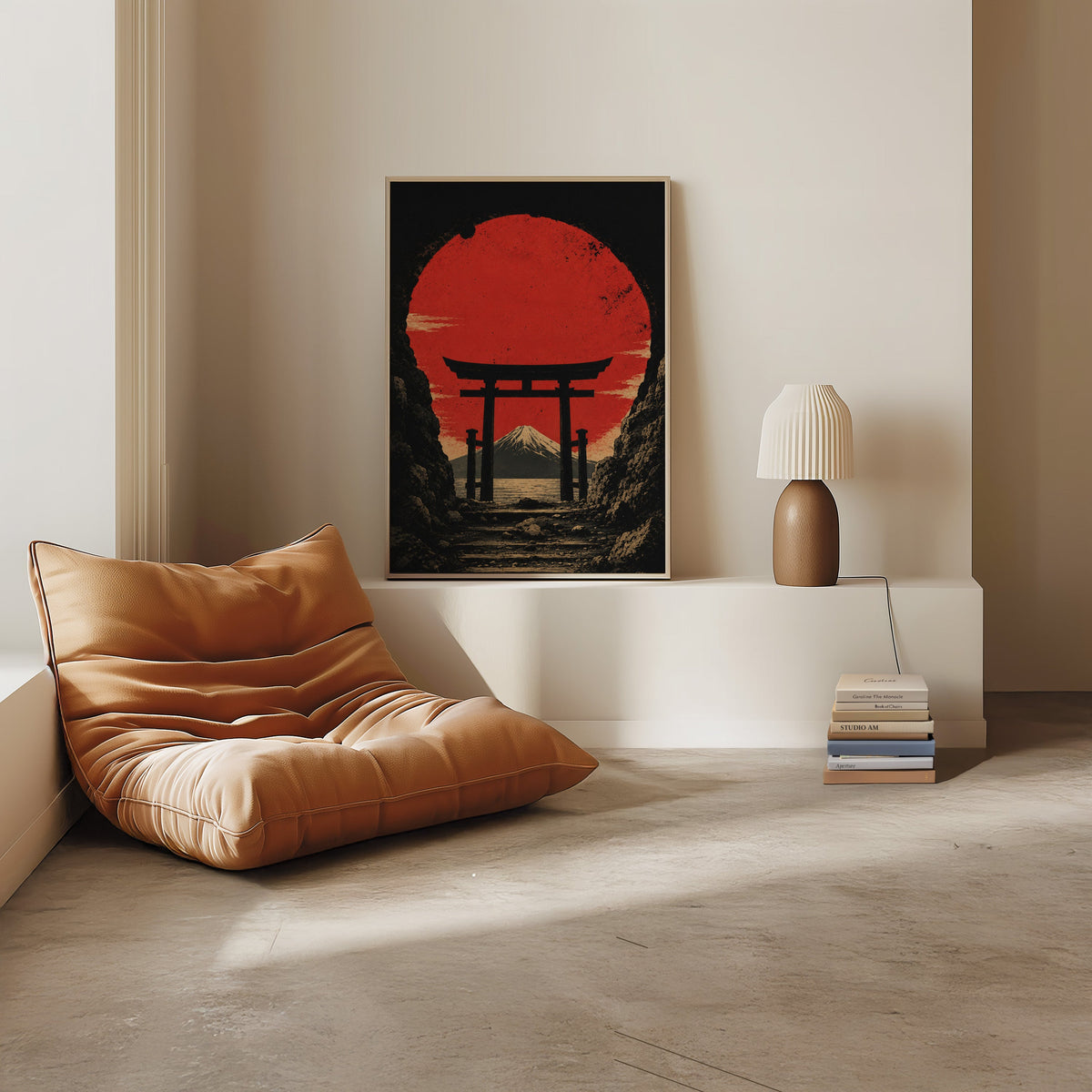 torii gate framing Mount Fuji and red sun print in a light oak frame on a white ledge by a tan leather floor chair