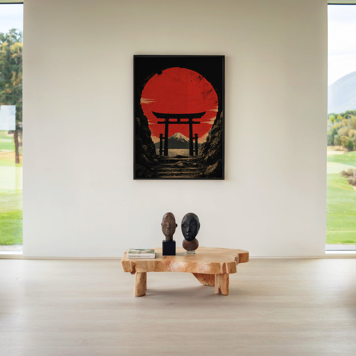 torii gate framing Mount Fuji and red sun print in a black frame above a live-edge wood coffee table between garden windows