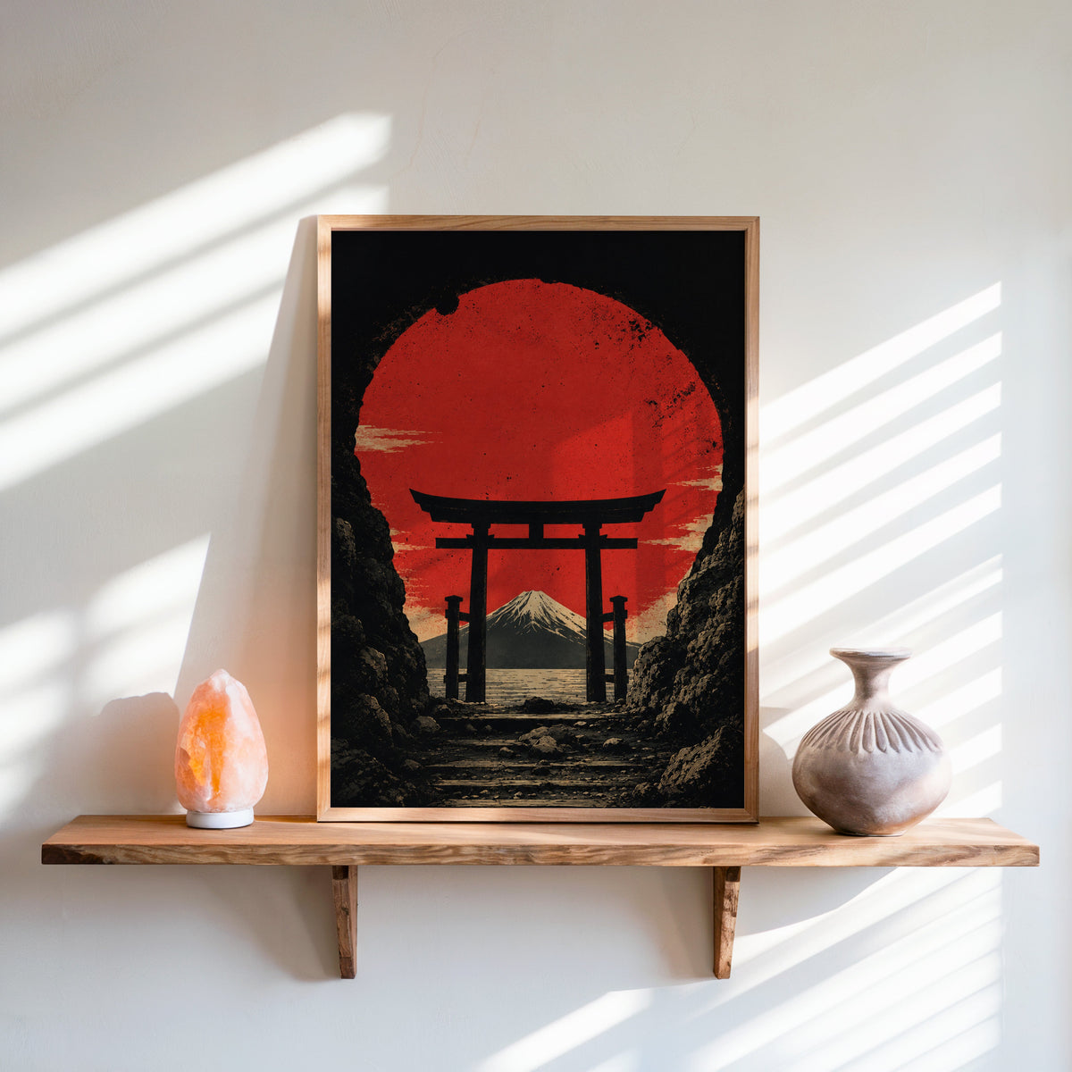 torii gate framing Mount Fuji and red sun print in an oak frame on a live-edge wall shelf with a salt lamp and clay vase