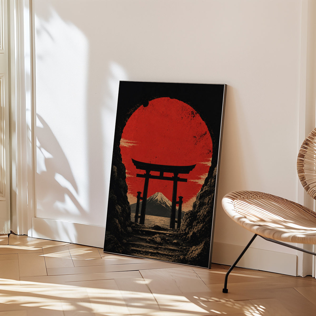 torii gate framing Mount Fuji and red sun print in a black frame leaning on a herringbone floor beside a woven rattan chair