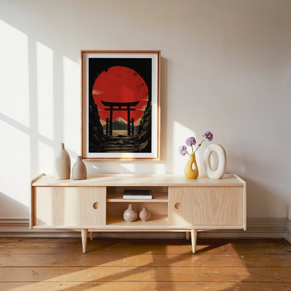 torii gate framing Mount Fuji and red sun print shown in a wood frame with a white mat above a pale wood media console