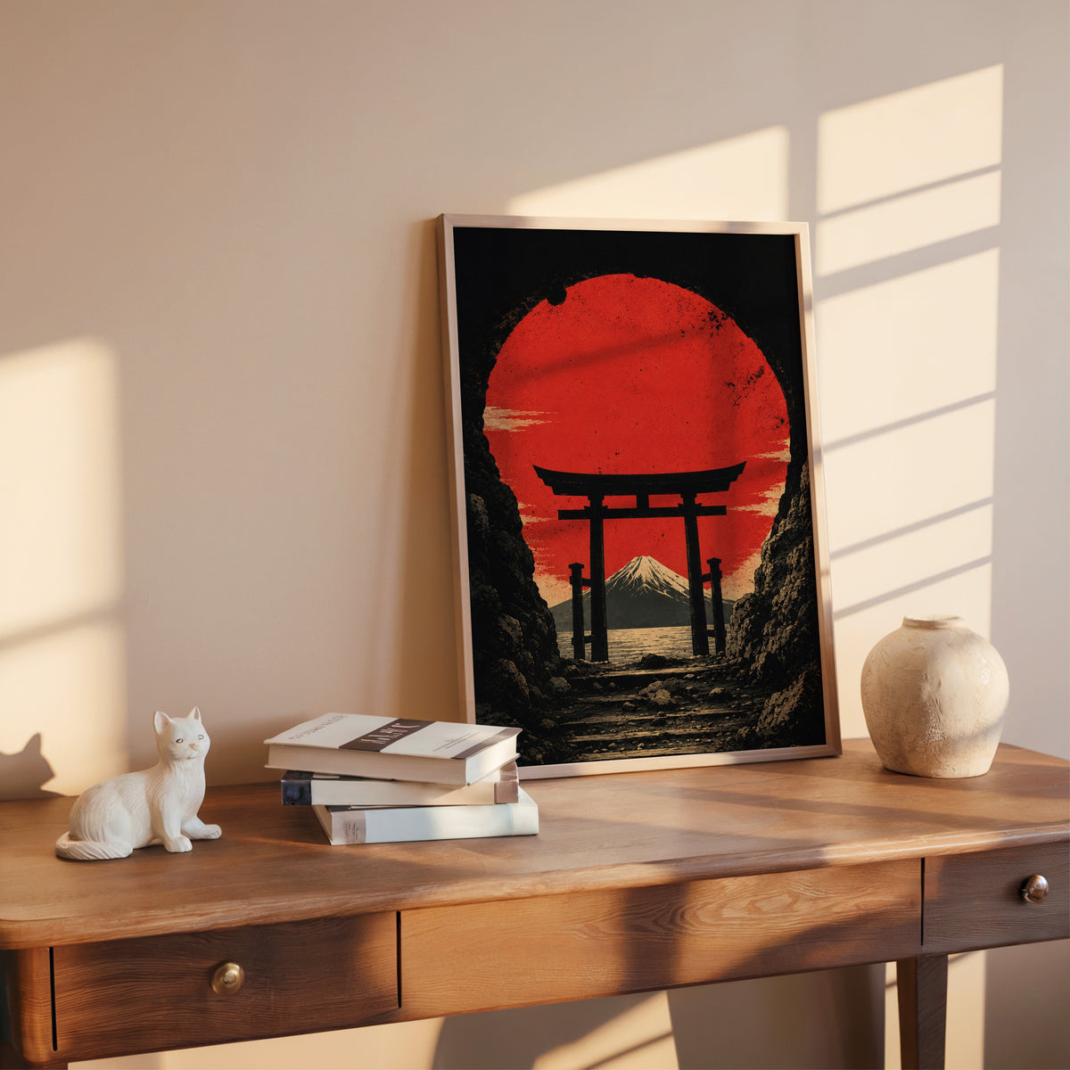 torii gate framing Mount Fuji and red sun print shown in a rose gold frame leaning on a wooden writing desk with books