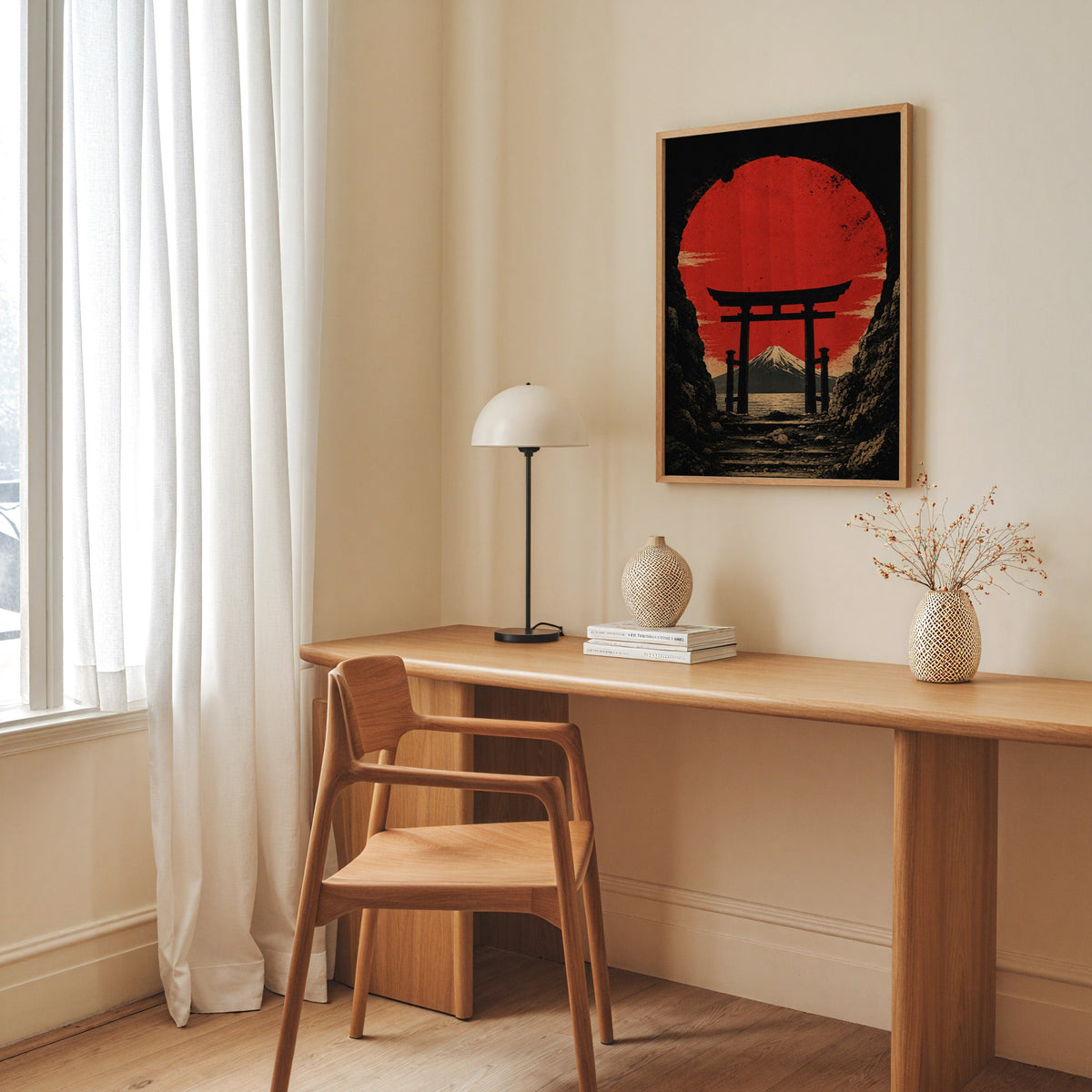 torii gate framing Mount Fuji and red sun print in an oak frame above a long oak desk with a white dome lamp and woven vases