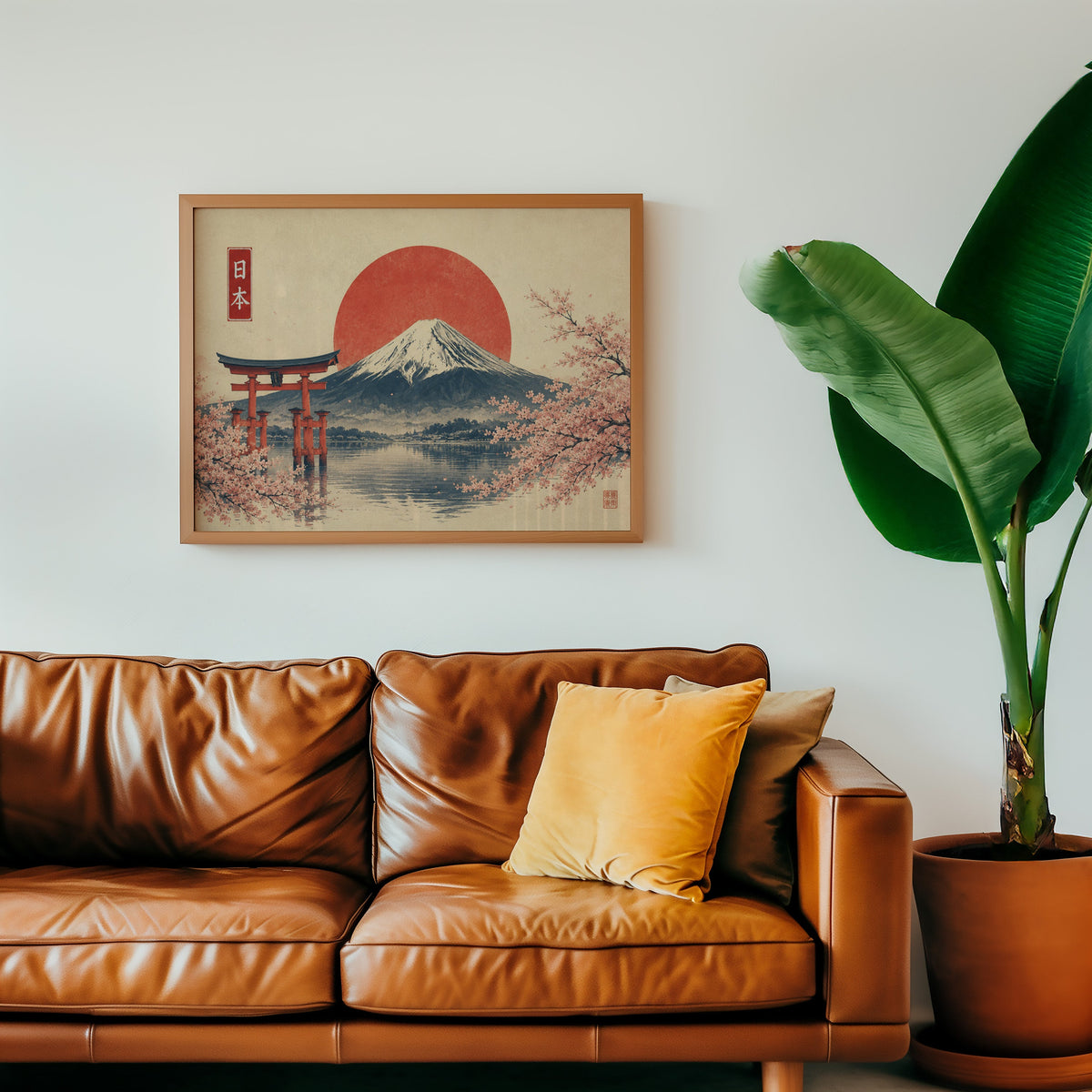 Torii gate and Mount Fuji with sakura print in a warm oak frame above a cognac leather sofa with a mustard pillow