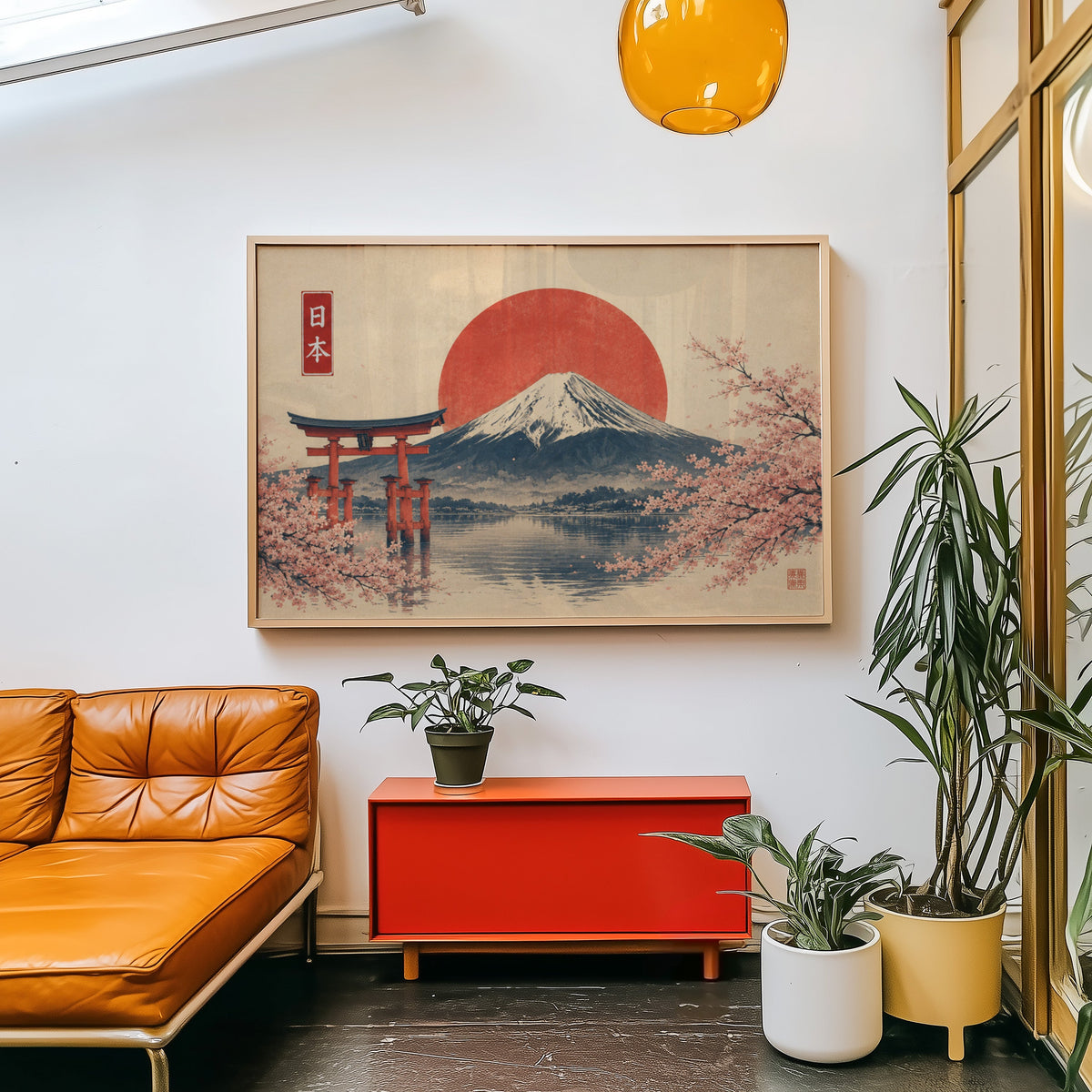 Torii gate and Mount Fuji with sakura print in a light wood frame above a red cabinet beside a tan leather daybed