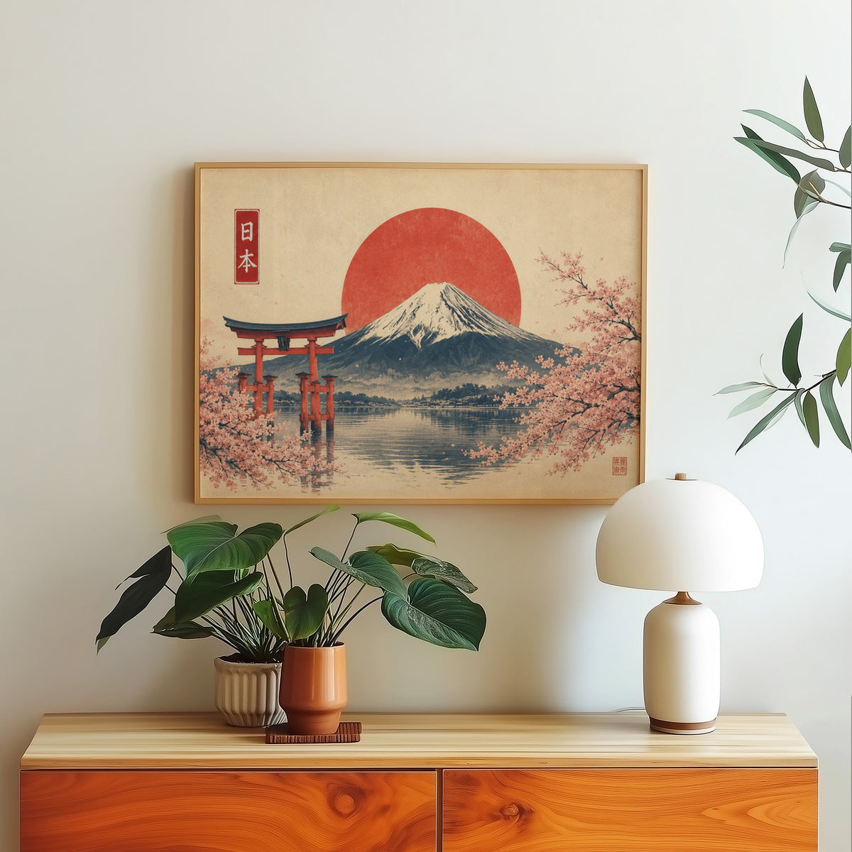 Torii gate and Mount Fuji with sakura print in a light oak frame above a wood sideboard with a white dome lamp