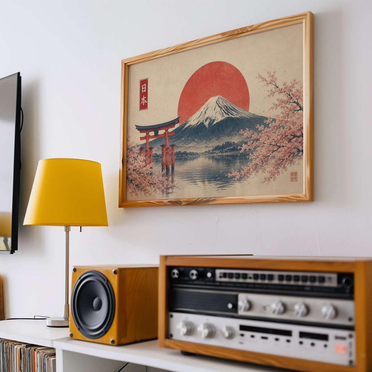 Torii gate and Mount Fuji with sakura print in a pine frame above a vintage stereo and a yellow table lamp