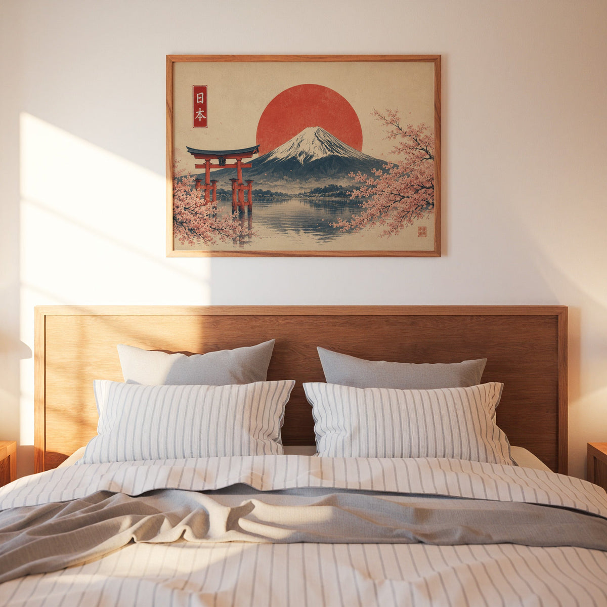 Torii gate and Mount Fuji with sakura print in a warm wood frame above a bed with striped linen bedding