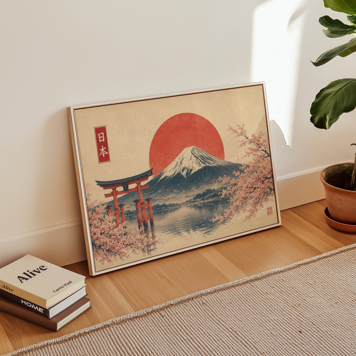 Torii gate and Mount Fuji with sakura print in a white floater frame leaning on a wood floor beside stacked books